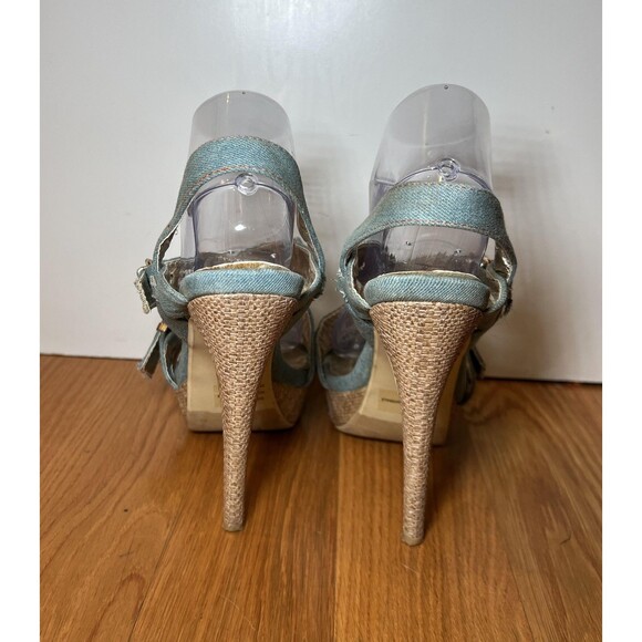 Heckik Shoes Womens Size 8.5 Blue Denim Cross Strap Platform High Heel Sandals - Picture 6 of 10